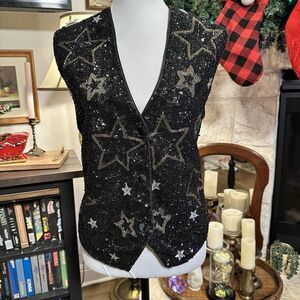 NWT Dead stock Vintage Theo Sequin Star Vest Black Sliver Size Medium New Years